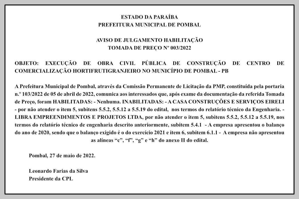 PREFEITURA MUNICIPAL DE POMBAL – AVISO DE JULGAMENTO HABILITAÇÃO – TOMADA DE PREÇO Nº 003/2022