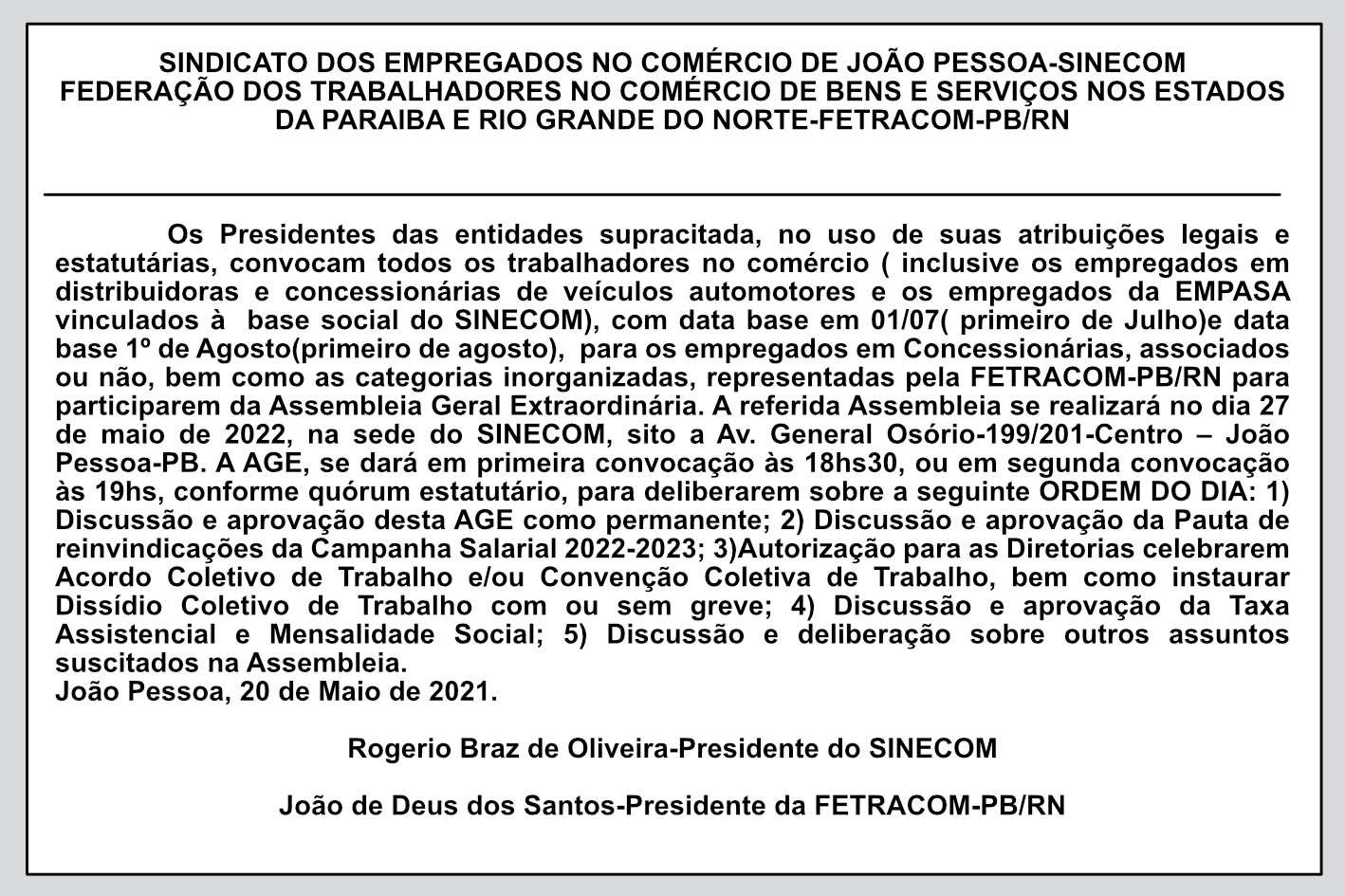 SINECOM/ FETRACOM-PB/RN – Edital de Assembleia Geral Extraordinária