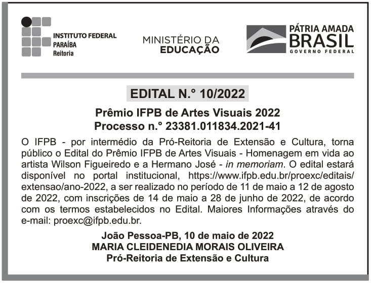 IFPB – PB – JOÃO PESSOA – REITORIA – EDITAL nº 10/2022 – Prêmio IFPB de Artes Visuais
