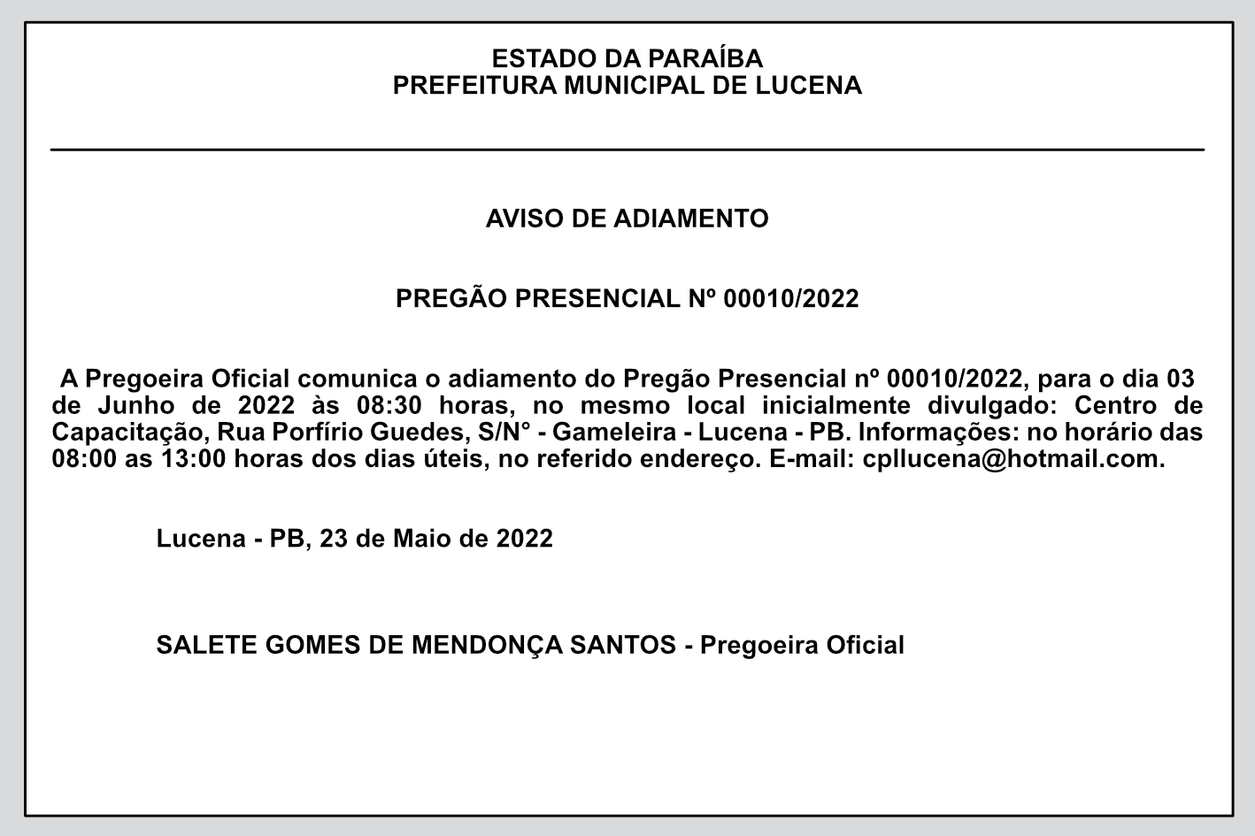 PREFEITURA MUNICIPAL DE LUCENA – AVISO DE ADIAMENTO – PREGÃO PRESENCIAL Nº 00010/2022