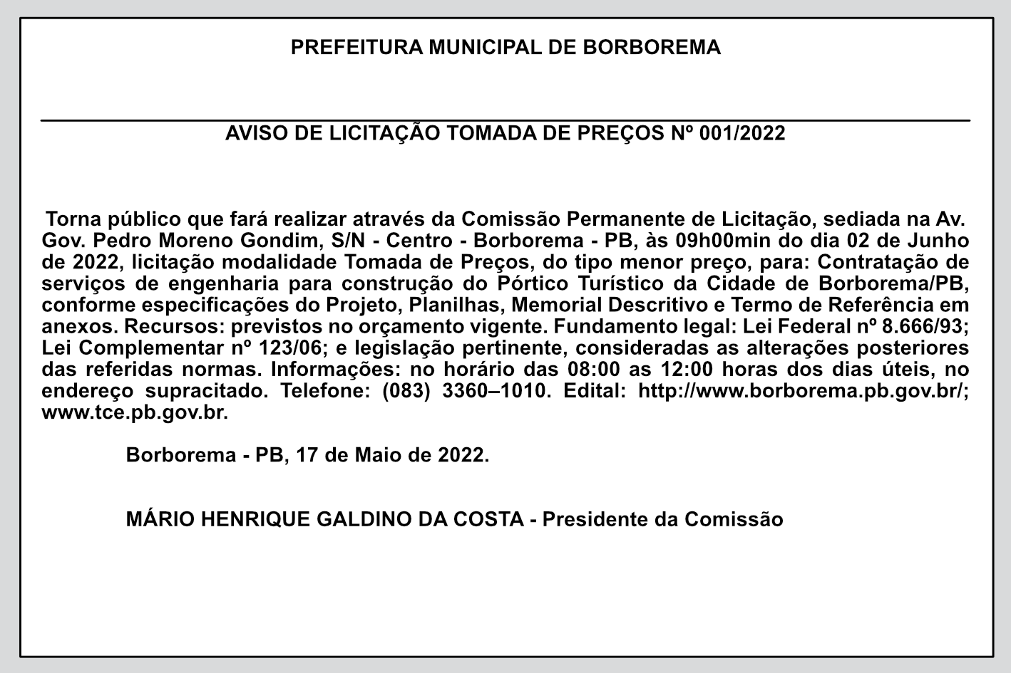 PREFEITURA MUNICIPAL DE BORBOREMA  – AVISO DE LICITAÇÃO – TOMADA DE PREÇOS Nº 001/2022