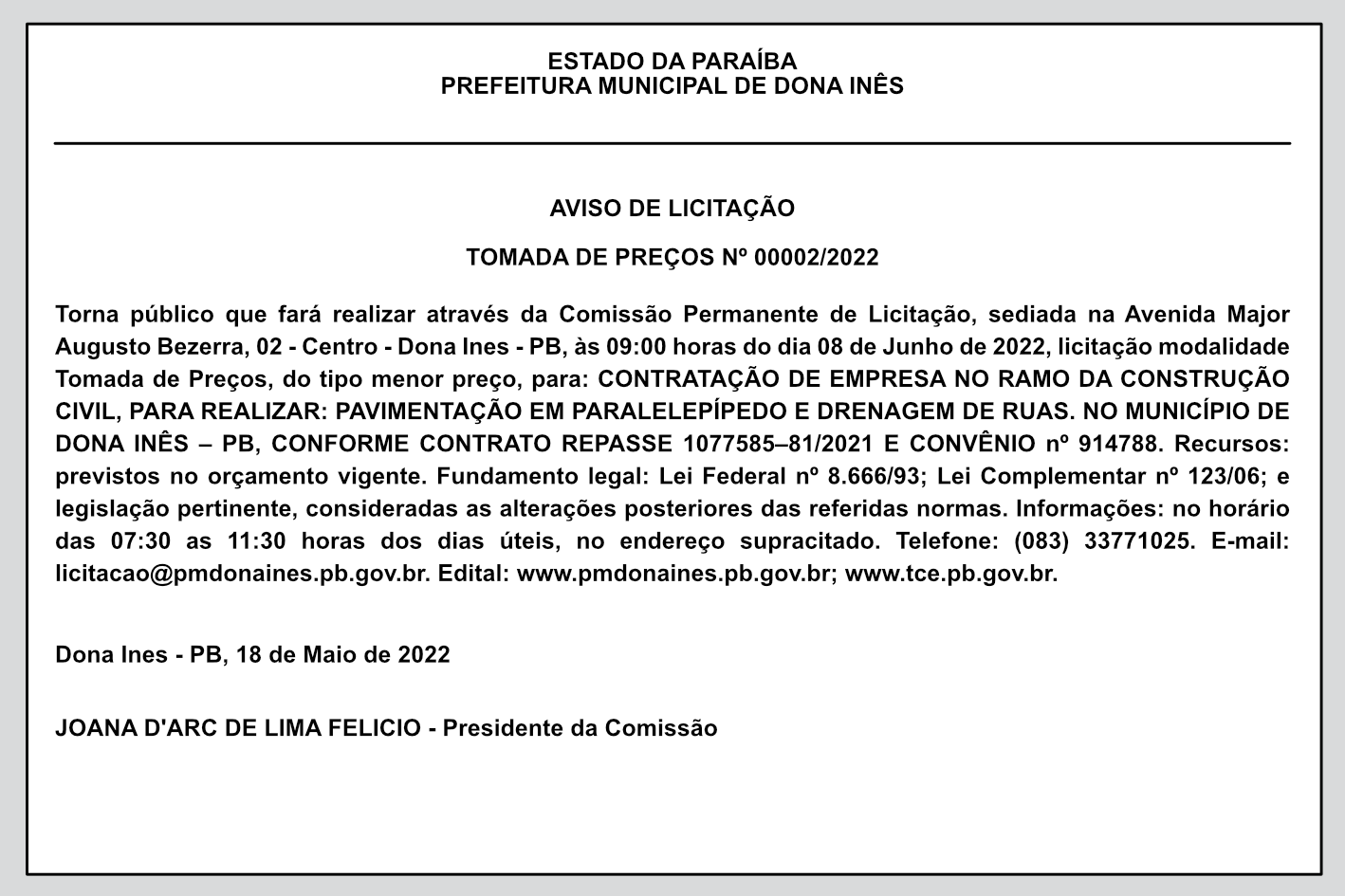 PREFEITURA MUNICIPAL DE DONA INÊS – AVISO DE LICITAÇÃO – TOMADA DE PREÇOS Nº 00002/2022