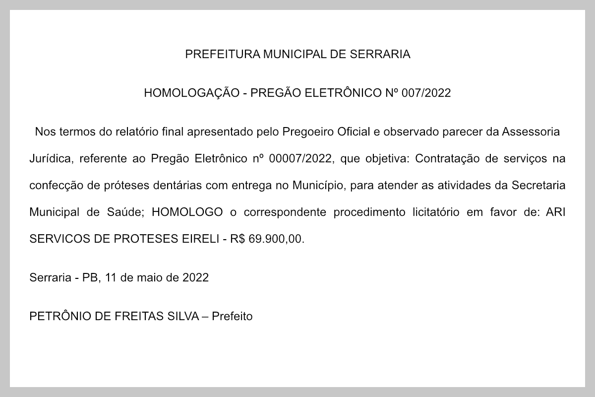 PREFEITURA MUNICIPAL DE SERRARIA – HOMOLOGAÇÃO – PREGÃO ELETRÔNICO Nº 007/2022