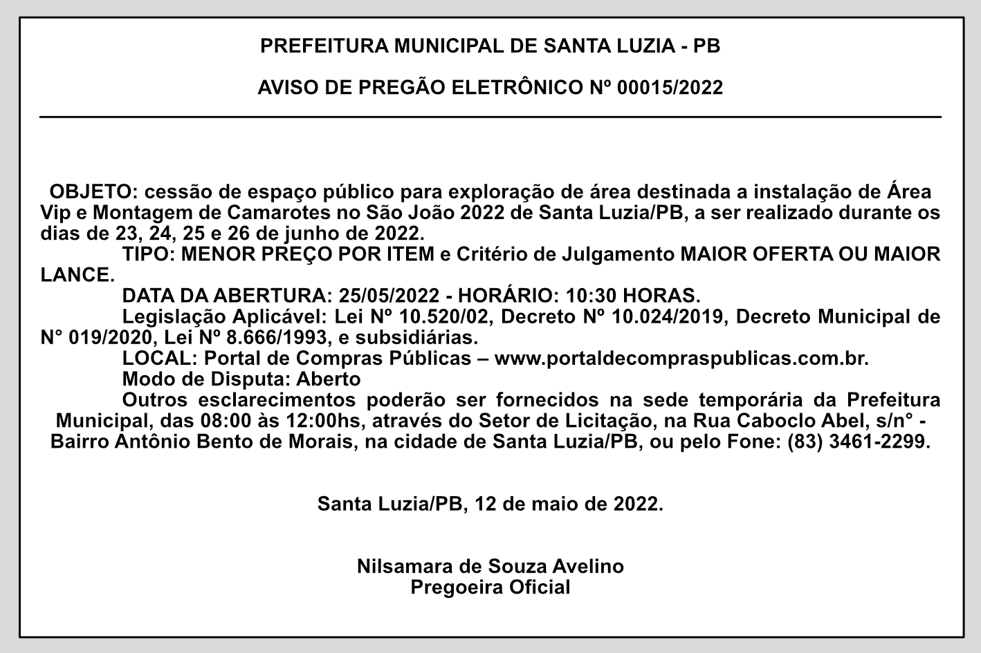 PREFEITURA MUNICIPAL DE SANTA LUZIA – PB – AVISO DE PREGÃO ELETRÔNICO Nº 00015/2022