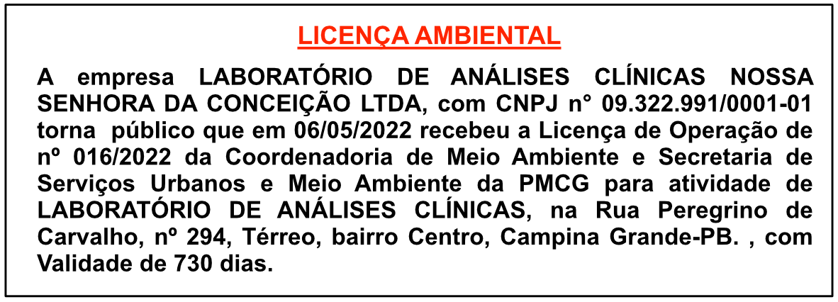 LABORATÓRIO DE ANÁLISES CLÍNICAS NOSSA SENHORA DA CONCEIÇÃO LTDA – LICENÇA AMBIENTAL