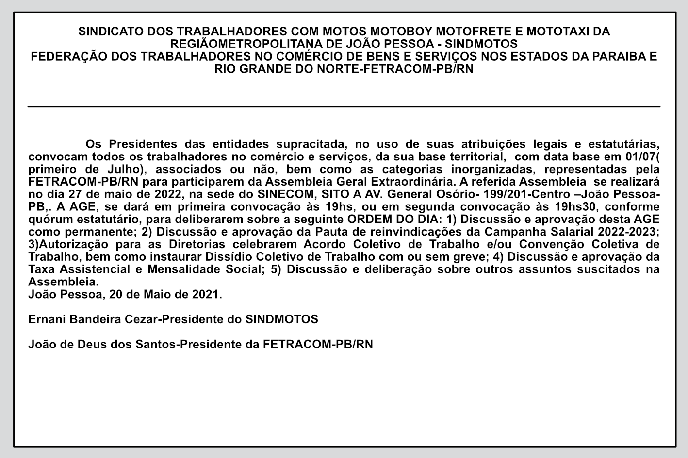SINDMOTOS / FETRACOM-PB/RN – Assembleia Geral Extraordinária