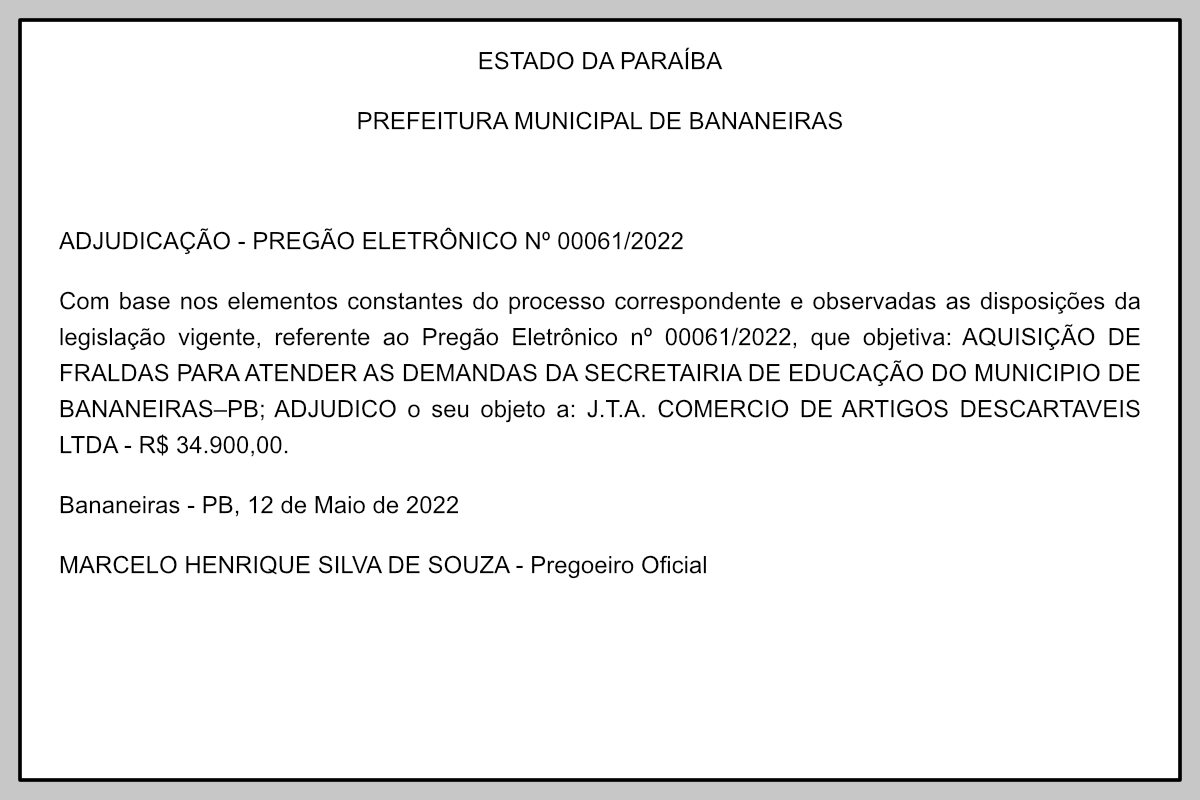 PREFEITURA MUNICIPAL DE BANANEIRAS – ADJUDICAÇÃO – PREGÃO ELETRÔNICO Nº 00061/2022