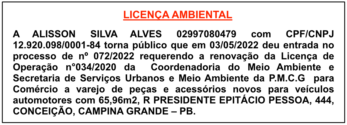 ALISSON SILVA ALVES 02997080479  – LICENÇA AMBIENTAL