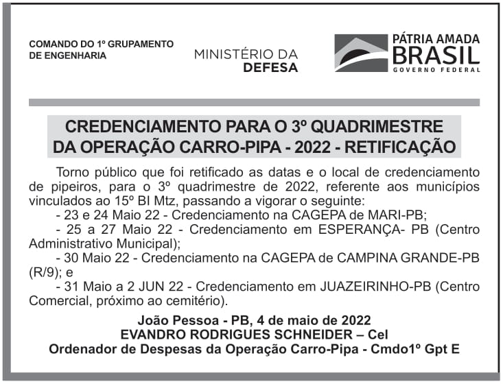CMDO 1º GPTE – JOÃO PESSOA – PB – CREDENCIAMENTO PARA O 3o QUADRIMESTRE DA OPERAÇÃO CARRO-PIPA – 2022 – RETIFICAÇÃO