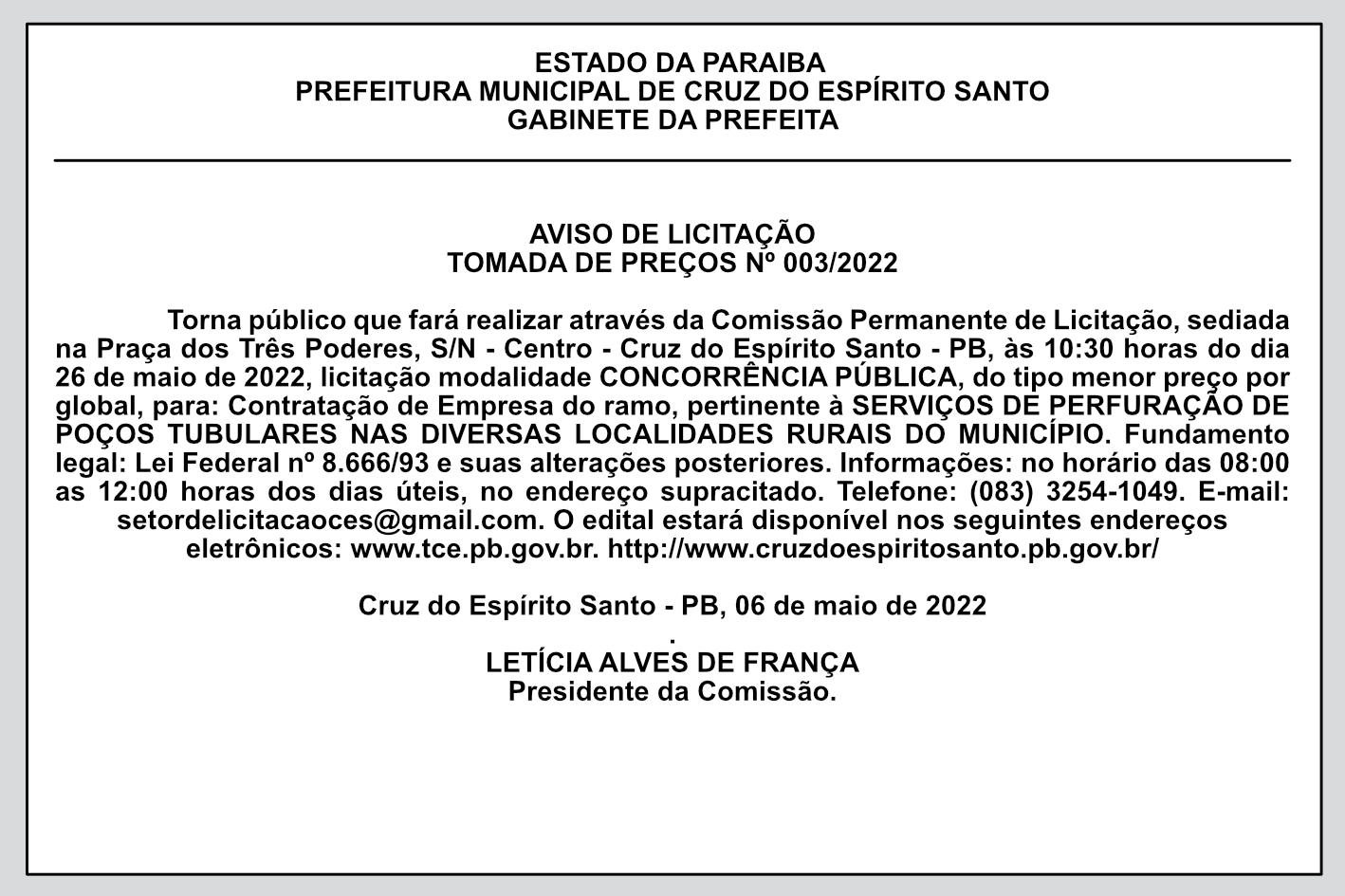 PREFEITURA MUNICIPAL DE CRUZ DO ESPÍRITO SANTO – AVISO DE LICITAÇÃO – TOMADA DE PREÇOS Nº 003/2022