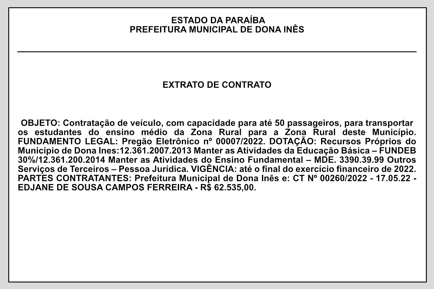 PREFEITURA MUNICIPAL DE DONA INÊS  – EXTRATO DE CONTRATO