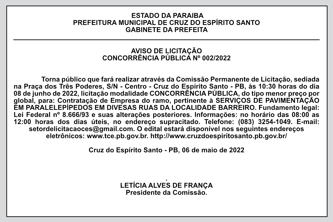 PREFEITURA MUNICIPAL DE CRUZ DO ESPÍRITO SANTO – AVISO DE LICITAÇÃO – CONCORRÊNCIA PÚBLICA Nº 002/2022