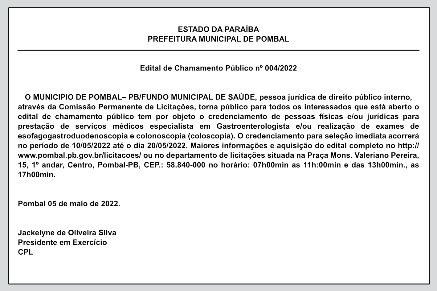 PREFEITURA MUNICIPAL DE POMBAL – EDITAL DE CHAMAMENTO PÚBLICO Nº 004/2022