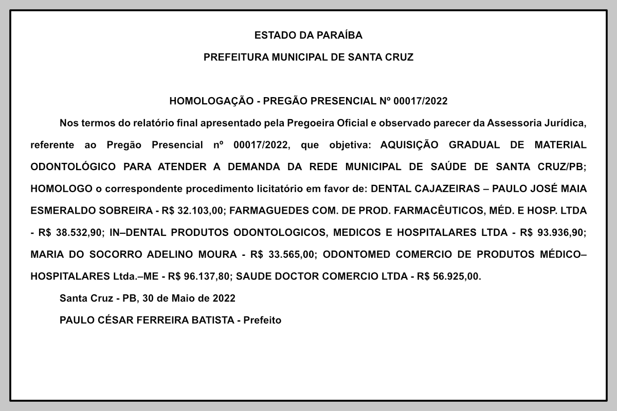 PREFEITURA MUNICIPAL DE SANTA CRUZ – HOMOLOGAÇÃO – PREGÃO PRESENCIAL Nº 00017/2022