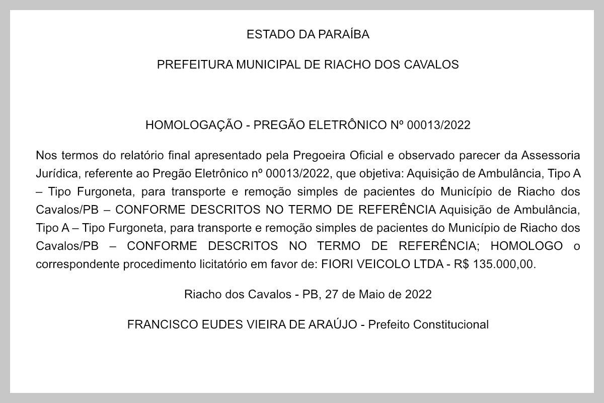 PREFEITURA MUNICIPAL DE RIACHO DOS CAVALOS –  HOMOLOGAÇÃO – PREGÃO ELETRÔNICO Nº 00013/2022