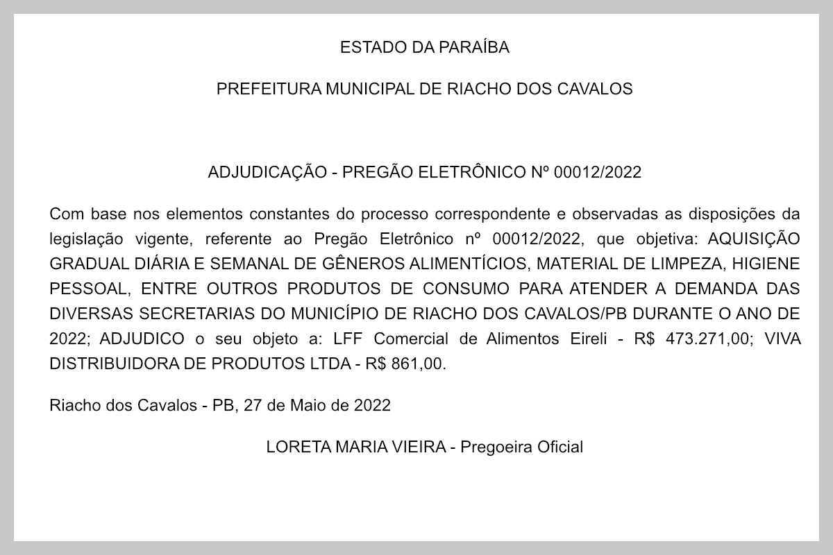 PREFEITURA MUNICIPAL DE RIACHO DOS CAVALOS  –  ADJUDICAÇÃO – PREGÃO ELETRÔNICO Nº 00012/2022