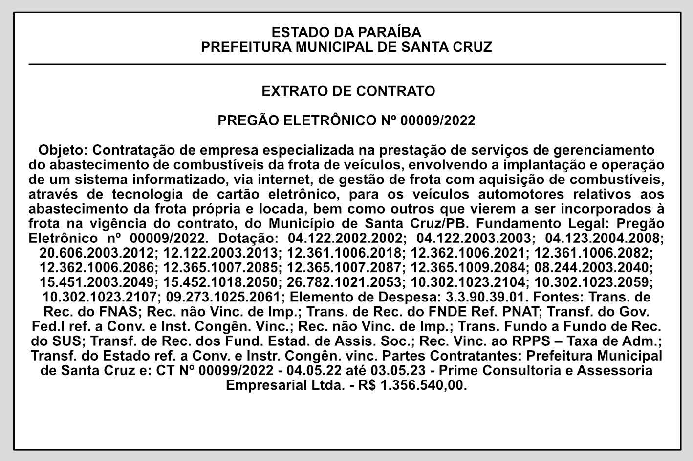 PREFEITURA MUNICIPAL DE SANTA CRUZ – EXTRATO DE CONTRATO – PREGÃO ELETRÔNICO Nº 00009/2022