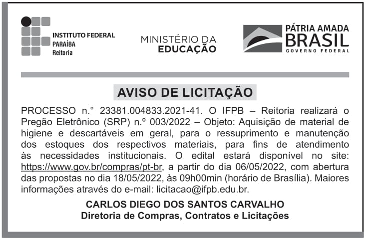 IFPB – PB – JOÃO PESSOA – REITORIA – Aviso de Licitação – Pregão Eletrônico (SRP) n.º 003/2022