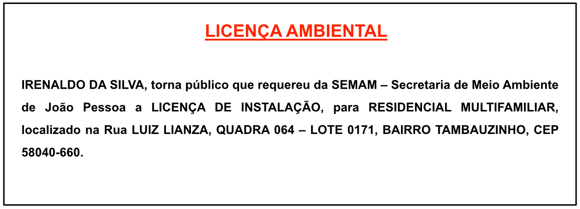 IRENALDO DA SILVA – LICENÇA AMBIENTAL