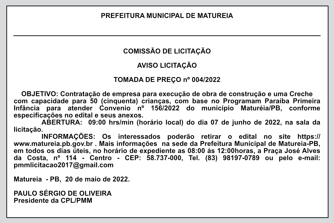 PREFEITURA MUNICIPAL DE MATUREIA – AVISO LICITAÇÃO – TOMADA DE PREÇO nº 004/2022