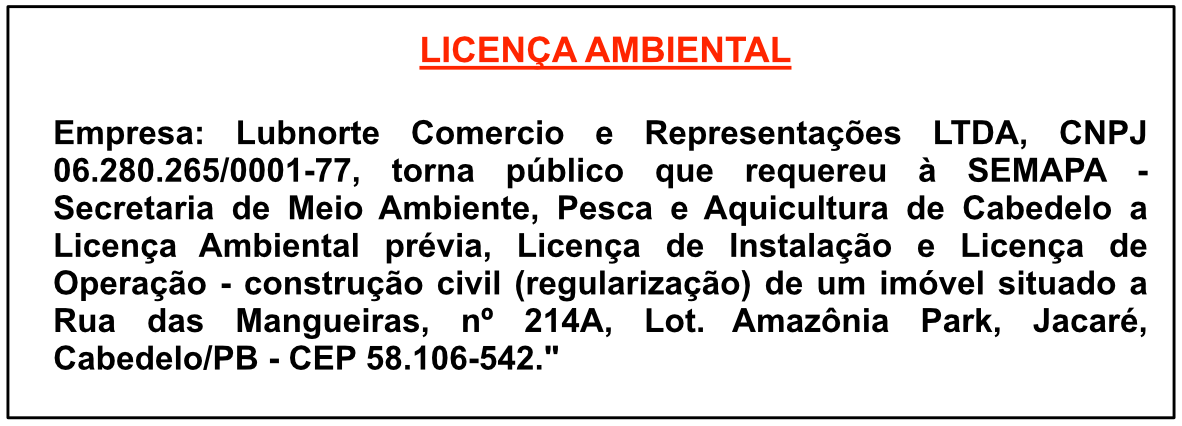 Lubnorte Comércio e Representações Ltda – Licença Ambiental
