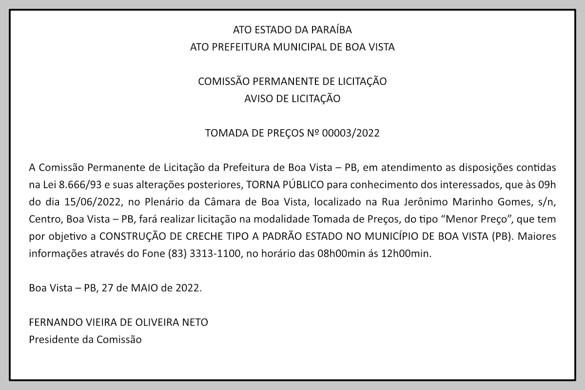 PREFEITURA MUNICIPAL DE BOA VISTA  – AVISO DE LICITAÇÃO  – TOMADA DE PREÇOS Nº 00003/2022