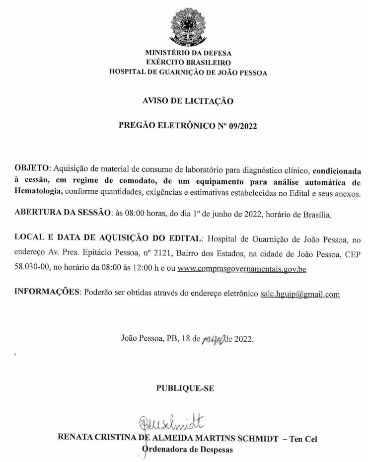 HOSPITAL DE GUARNIÇÃO DE JOÃO PESSOA – AVISO DE LICITAÇÃO – PREGÃO ELETRÔNICO Nº 09/2022