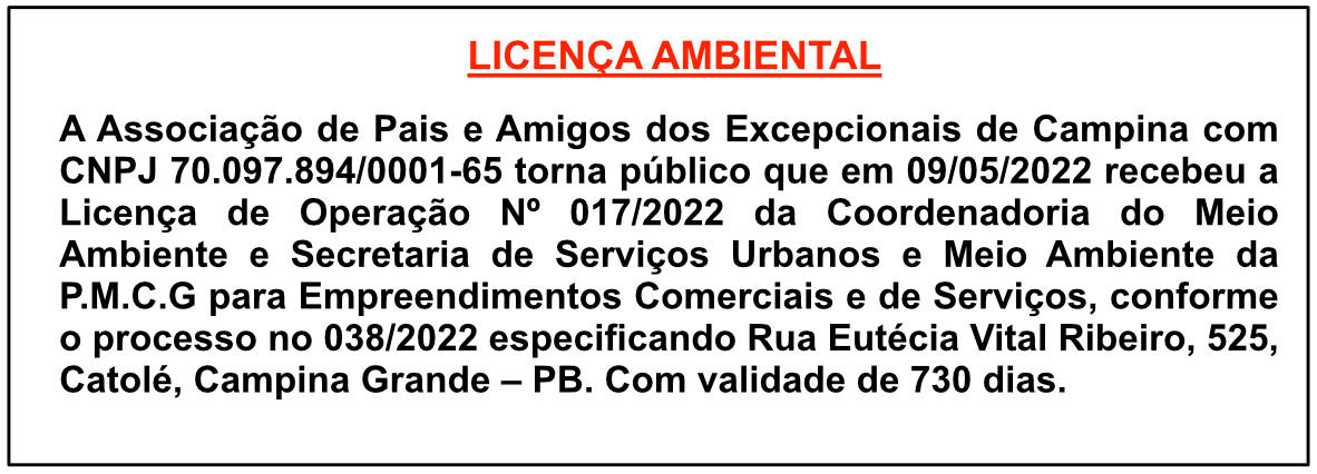 Associação de Pais e Amigos dos Excepcionais de Campina Grande – Licença Ambiental