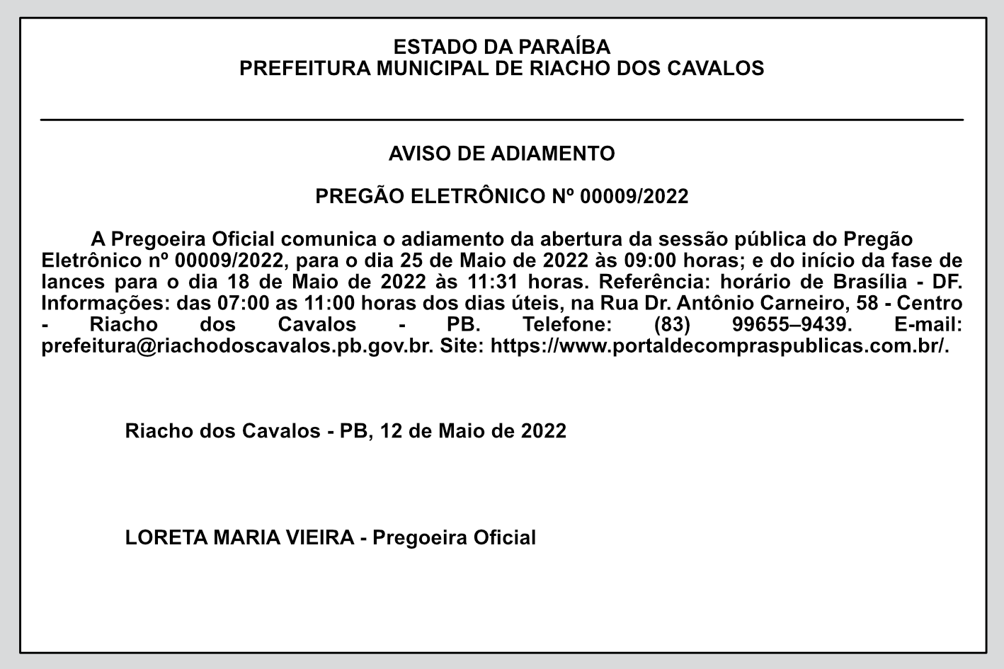 PREFEITURA MUNICIPAL DE RIACHO DOS CAVALOS – AVISO DE ADIAMENTO – PREGÃO ELETRÔNICO Nº 00009/2022
