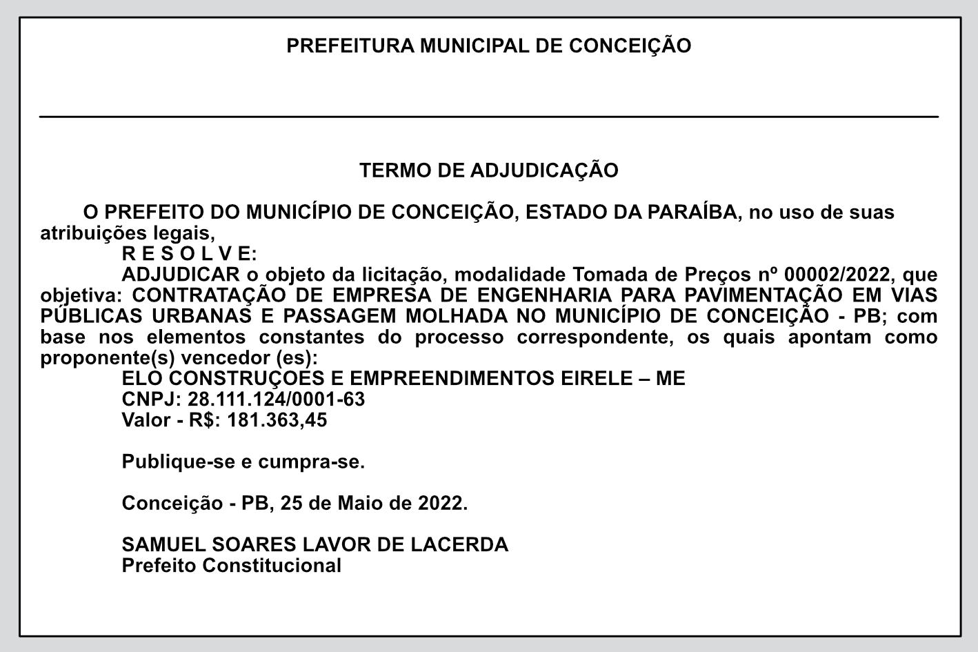 PREFEITURA MUNICIPAL DE CONCEIÇÃO – TERMO DE ADJUDICAÇÃO