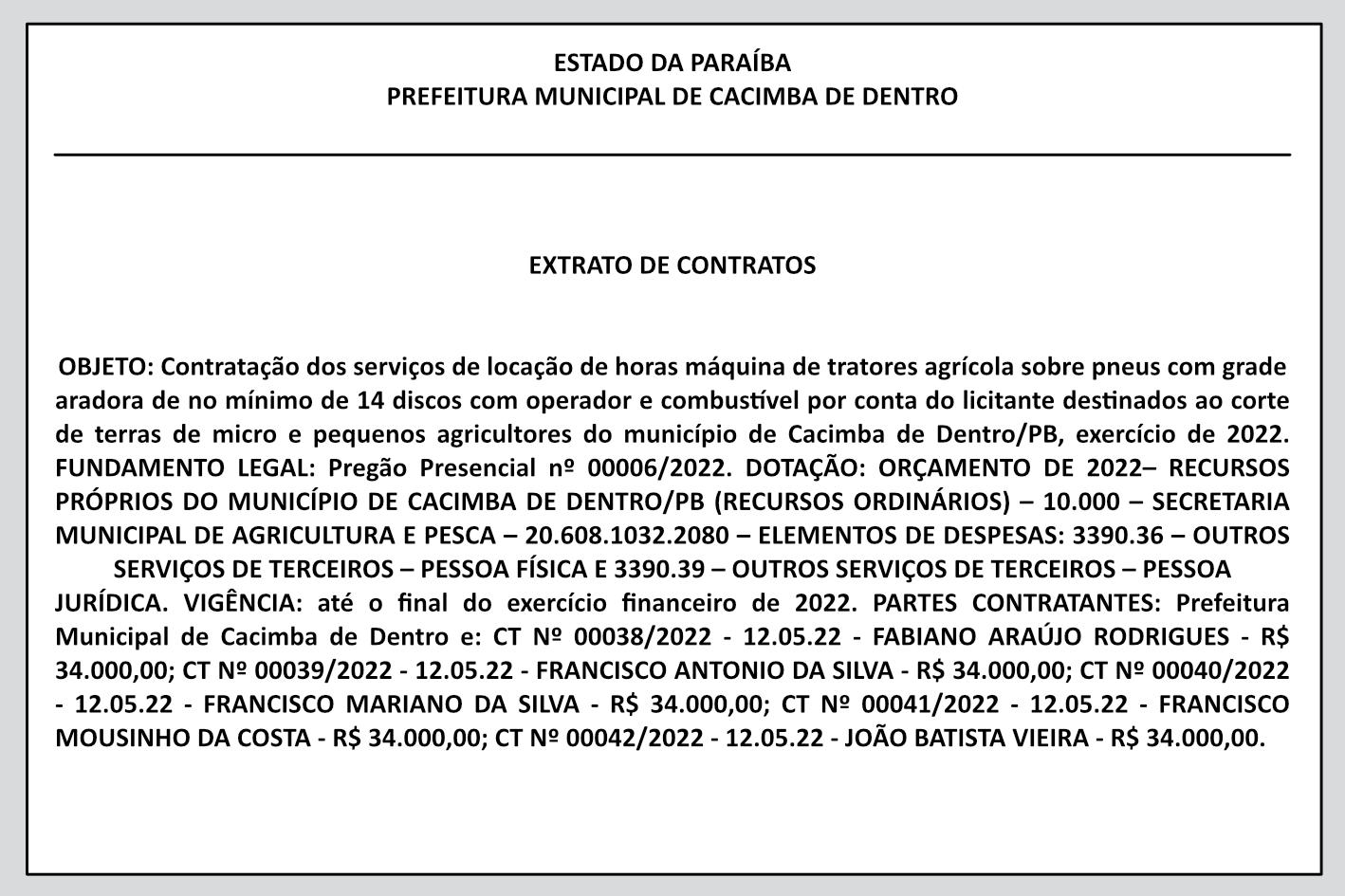 PREFEITURA MUNICIPAL DE CACIMBA DE DENTRO – EXTRATO DE CONTRATOS