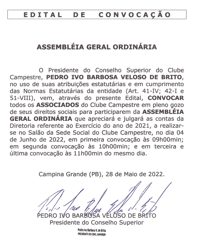 Conselho Superior do Clube Campestre – Edital de Convocação de Assembleia Geral Ordinária