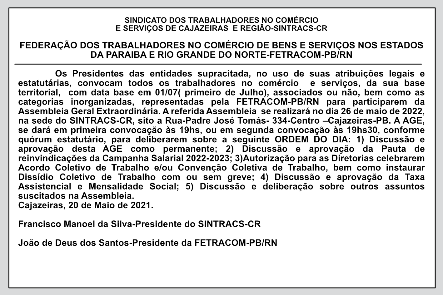 SINTRACS-CR / FETRACOM-PB/RN – Edital de Assembleia Geral Extraordinária