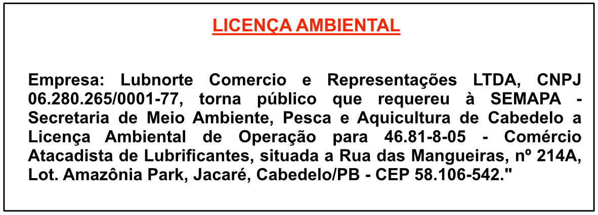 Lubnorte Comércio e Representações Ltda – Licença Ambiental