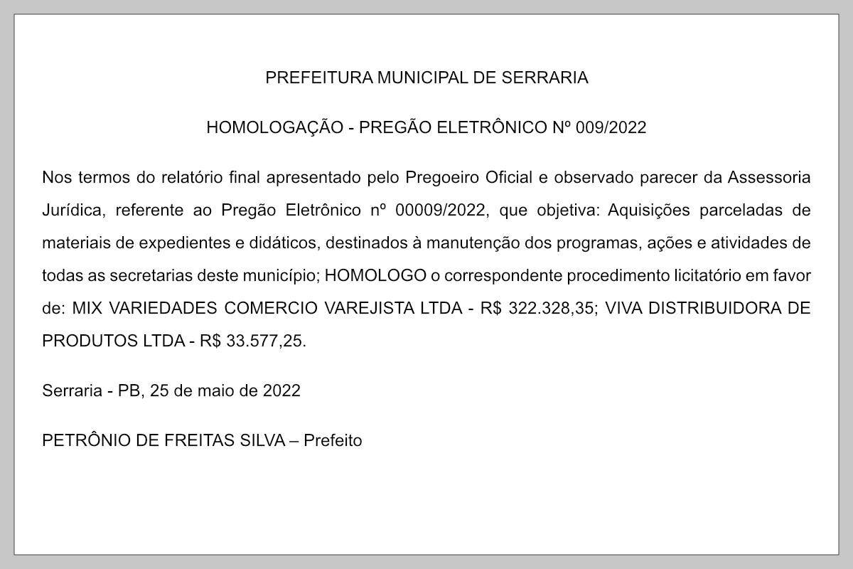 PREFEITURA MUNICIPAL DE SERRARIA  – HOMOLOGAÇÃO – PREGÃO ELETRÔNICO Nº 009/2022
