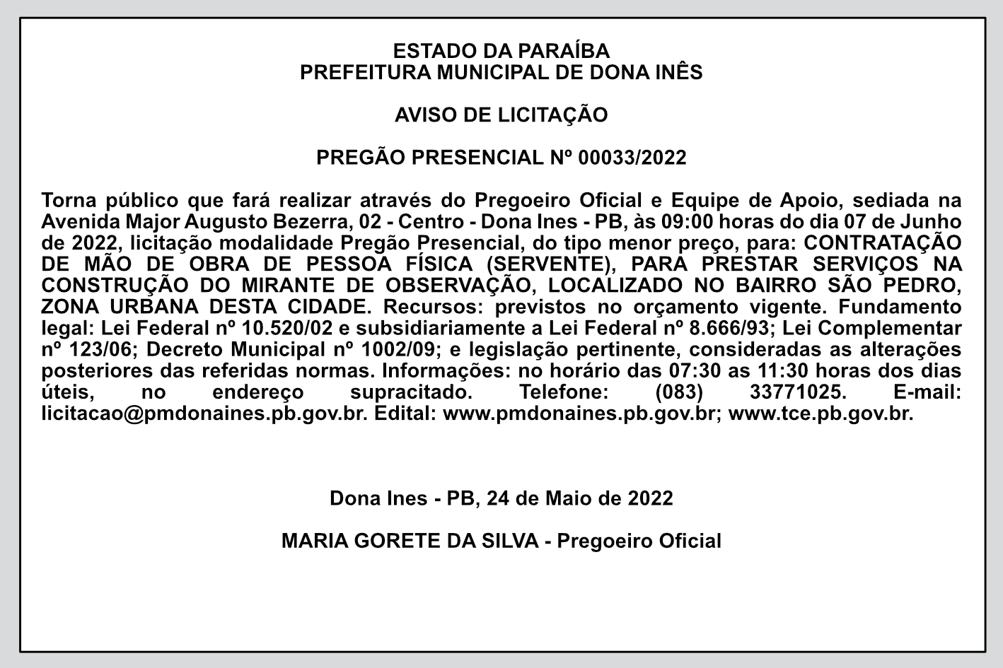 PREFEITURA MUNICIPAL DE DONA INÊS – AVISO DE LICITAÇÃO – PREGÃO PRESENCIAL Nº 00033/2022