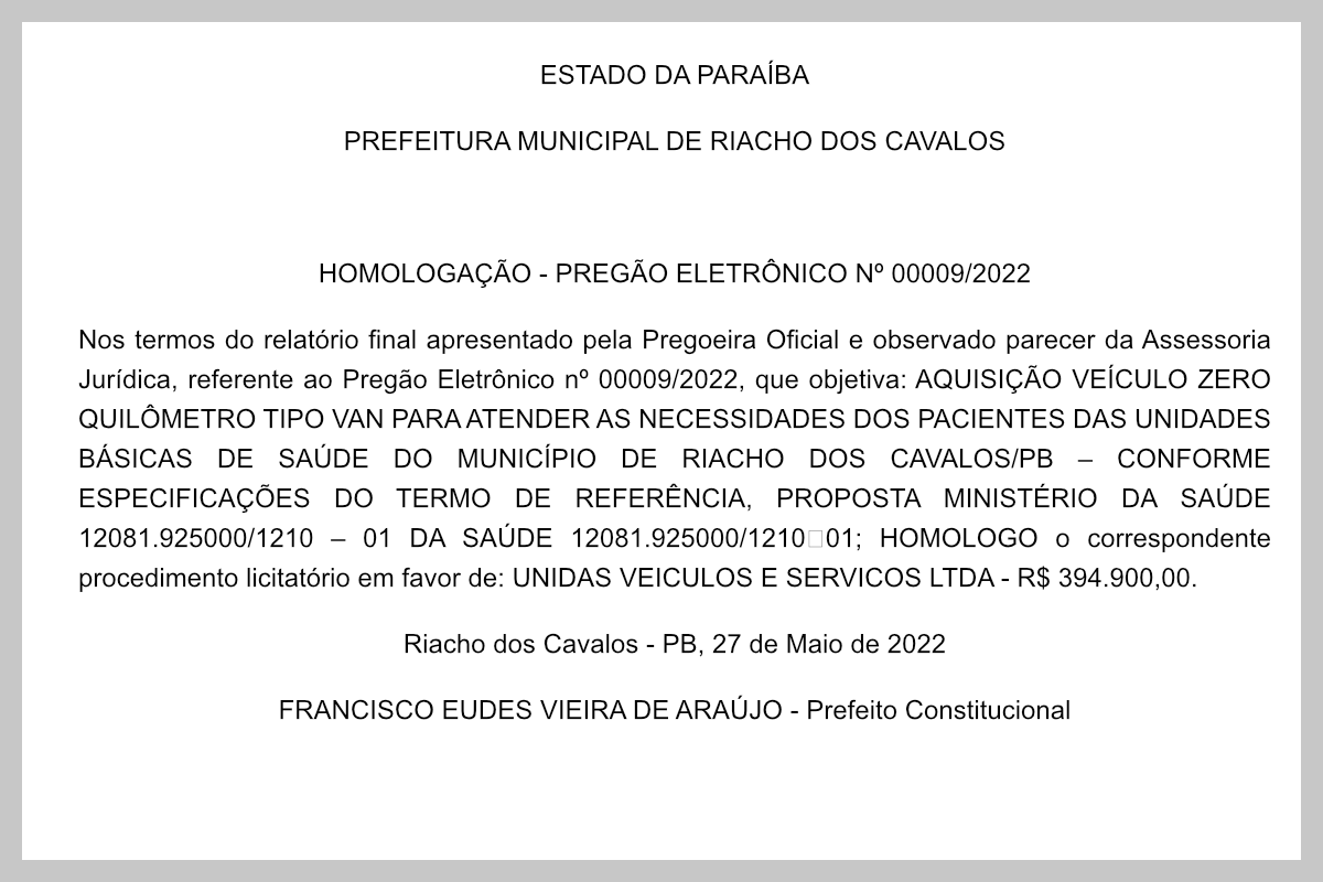 PREFEITURA MUNICIPAL DE RIACHO DOS CAVALOS     HOMOLOGAÇÃO – PREGÃO ELETRÔNICO Nº 00009/2022