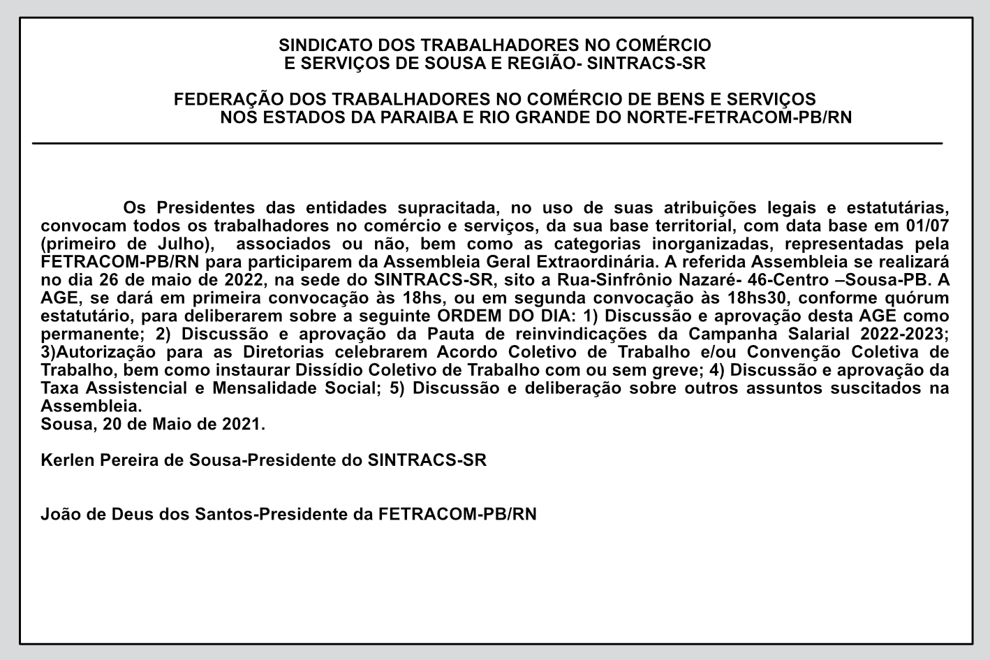 SINTRACS-SR / FETRACOM-PB/RN – Edital de Assembleia Geral Extraordinária