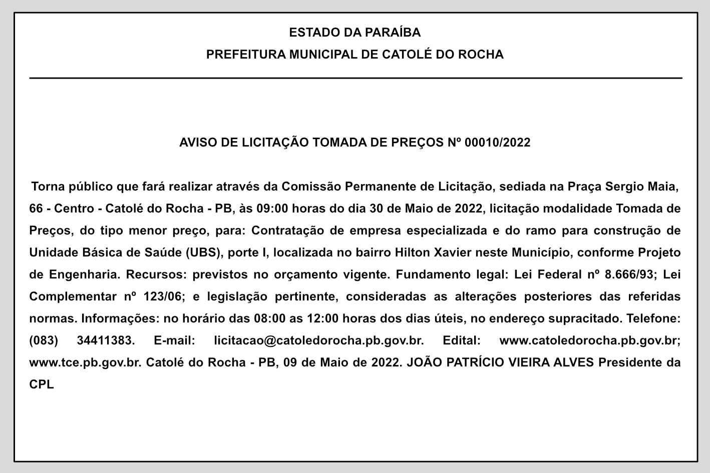 PREFEITURA MUNICIPAL DE CATOLÉ DO ROCHA – PB – AVISO DE LICITAÇÃO – TOMADA DE PREÇOS Nº 00010/2022