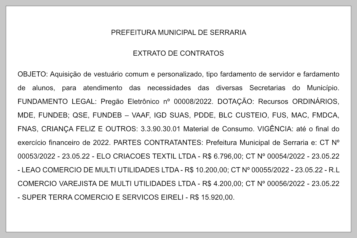 PREFEITURA MUNICIPAL DE SERRARIA – EXTRATO DE CONTRATOS