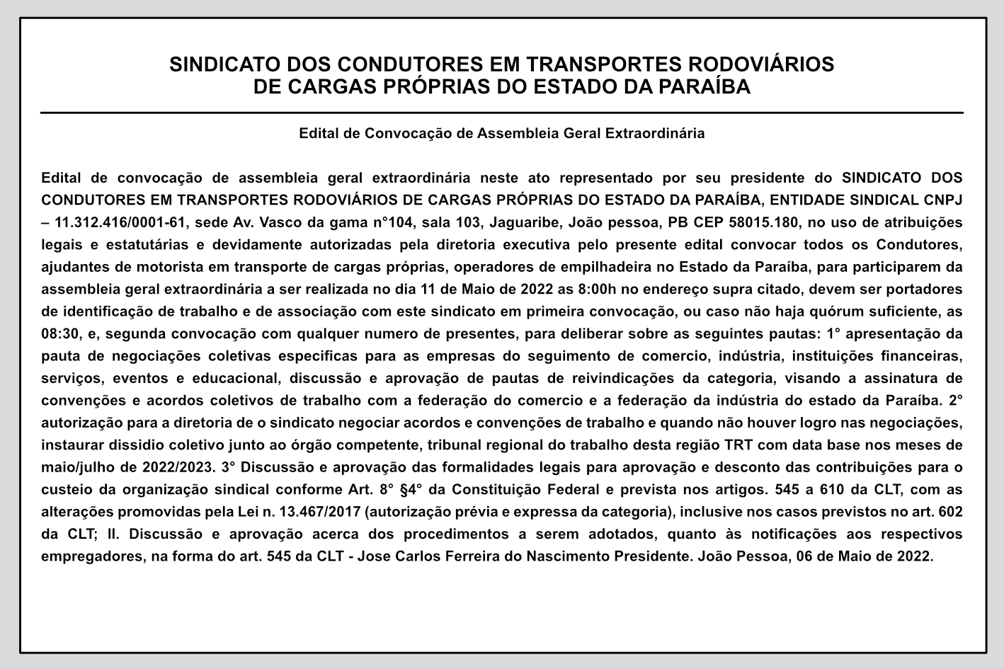 SINDICAPRO – Edital de Convocação de Assembleia Geral Extraordinária