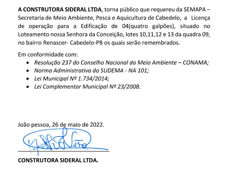 CONSTRUTORA SIDERAL LTDA – LICENÇA AMBIENTAL