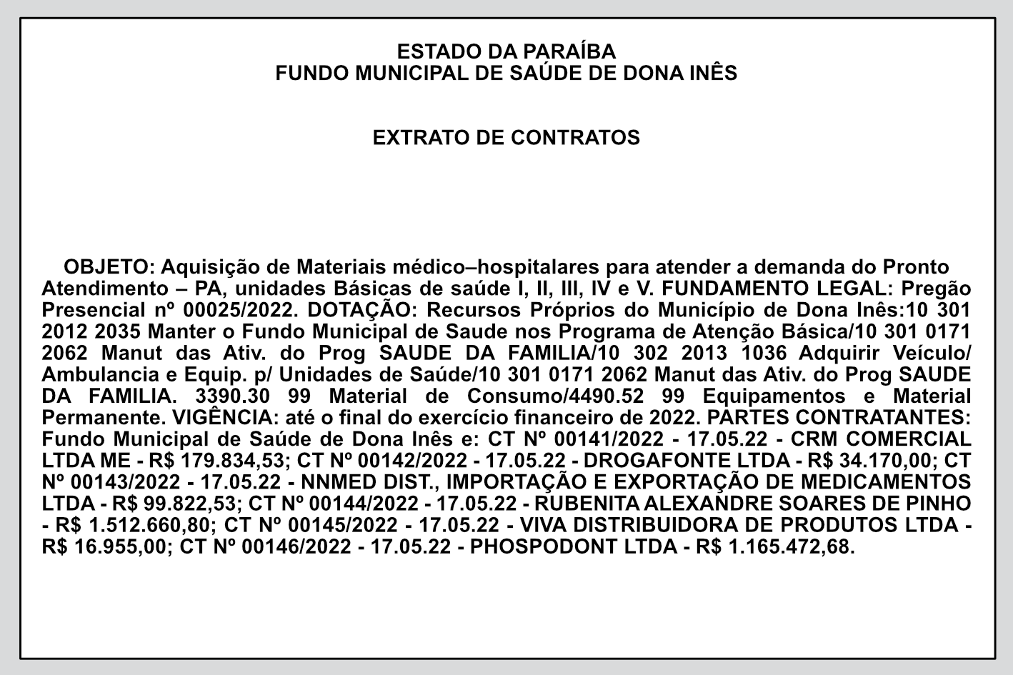 FUNDO MUNICIPAL DE SAÚDE DE DONA INÊS – EXTRATO DE CONTRATOS
