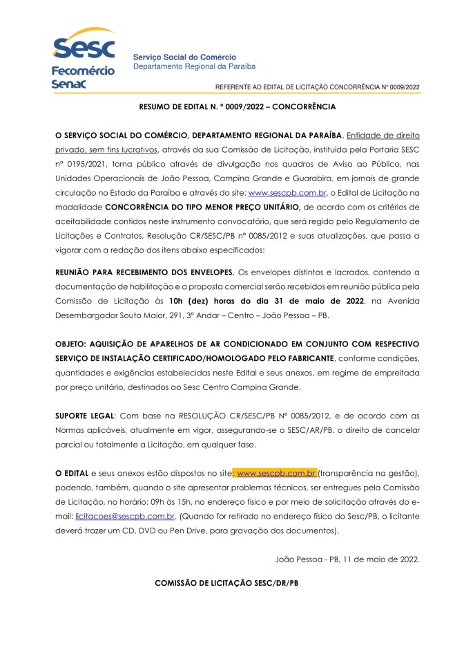 SESC – RESUMO DE EDITAL N.º 0009/2022 – CONCORRÊNCIA