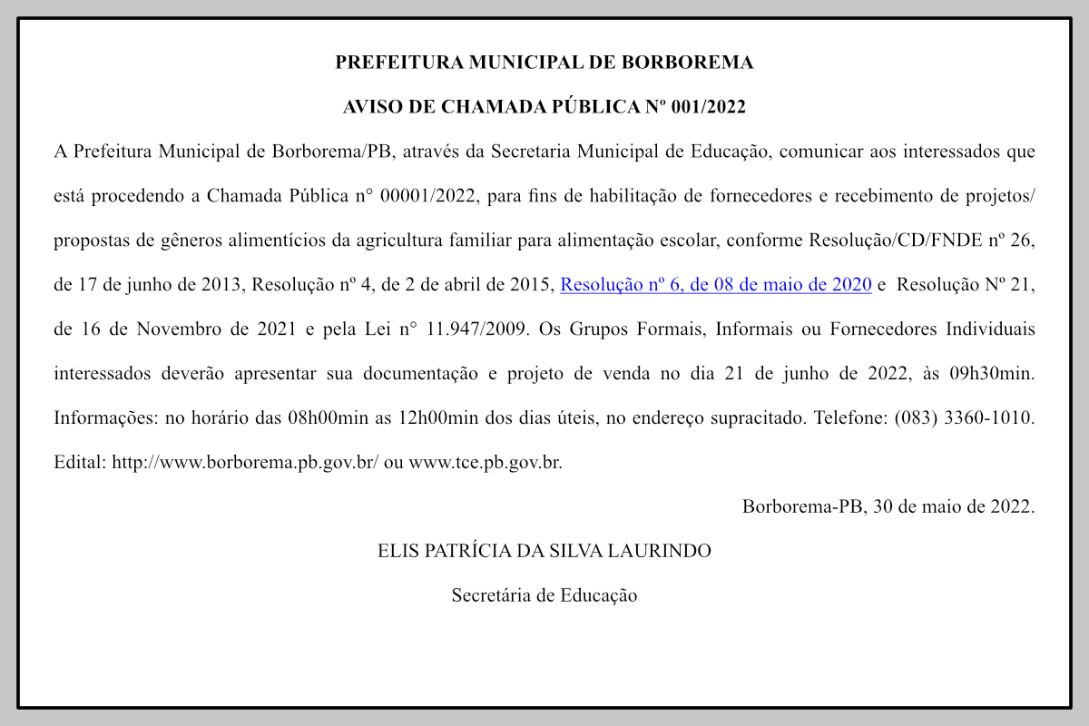 PREFEITURA MUNICIPAL DE BORBOREMA – AVISO DE CHAMADA PÚBLICA Nº 001/2022