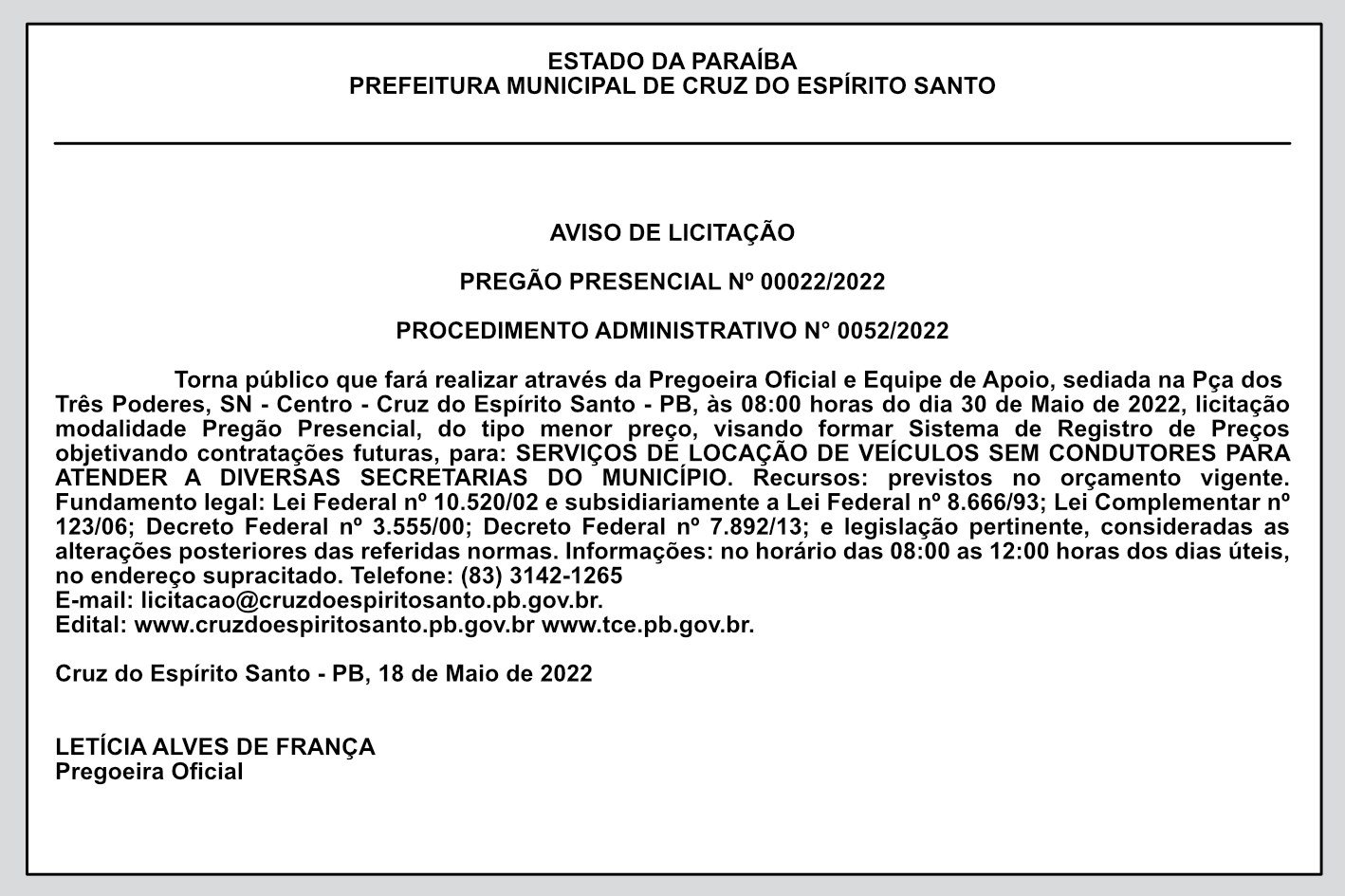 PREFEITURA MUNICIPAL DE CRUZ DO ESPÍRITO SANTO – AVISO DE LICITAÇÃO – PREGÃO PRESENCIAL Nº 00022/2022