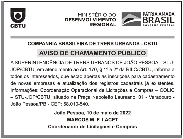 CBTU – RJ – RIO DE JANEIRO – Aviso de Chamamento Público – Cadastramento de Novas Empresas