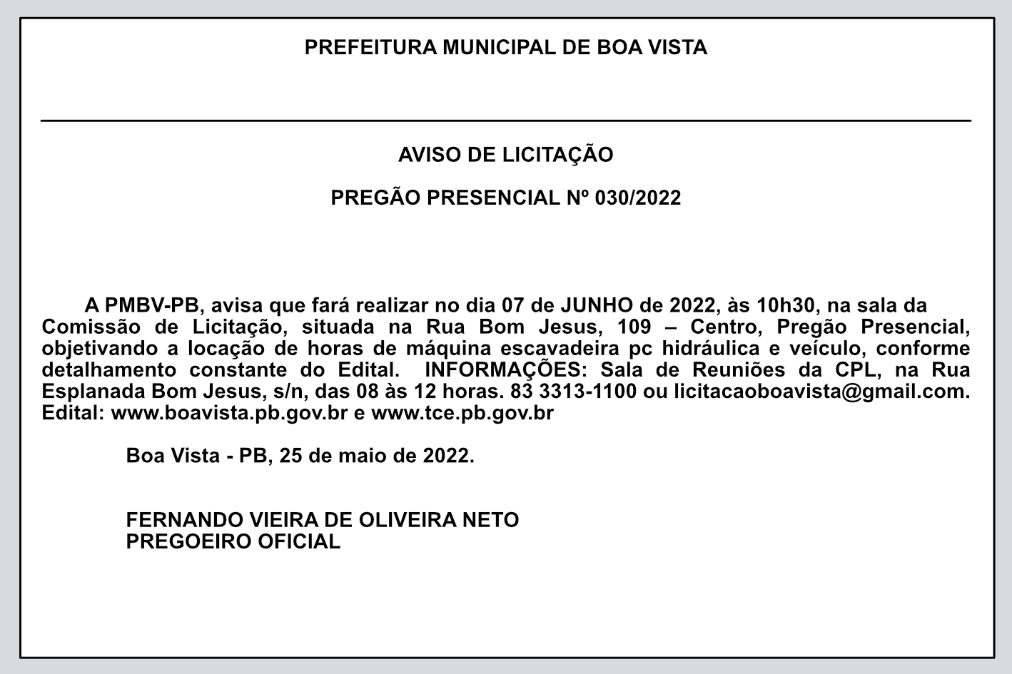 PREFEITURA MUNICIPAL DE BOA VISTA – AVISO DE LICITAÇÃO – PREGÃO PRESENCIAL Nº 030/2022