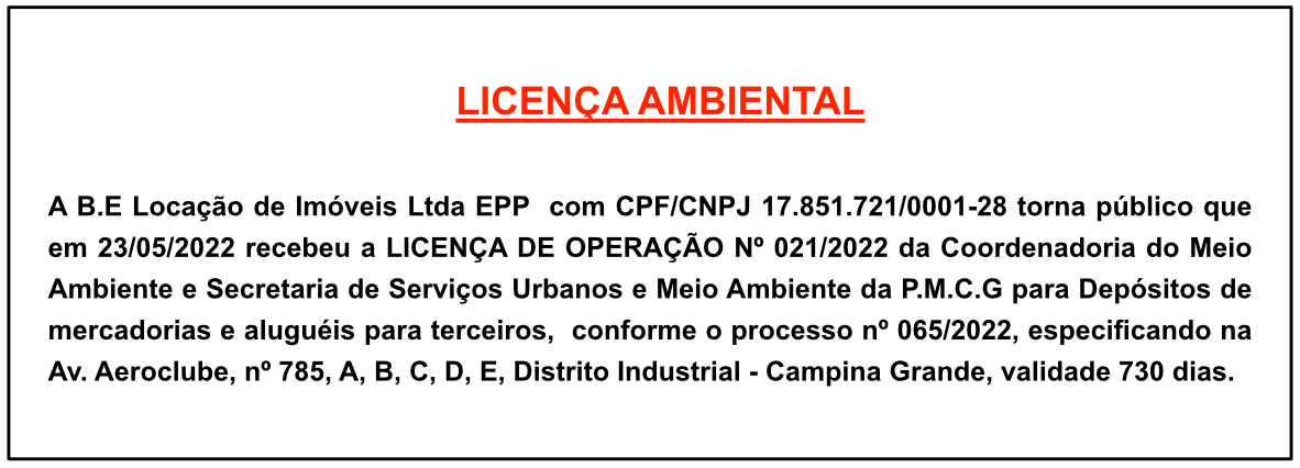 B.E Locação de Imóveis Ltda EPP – Licença Ambiental