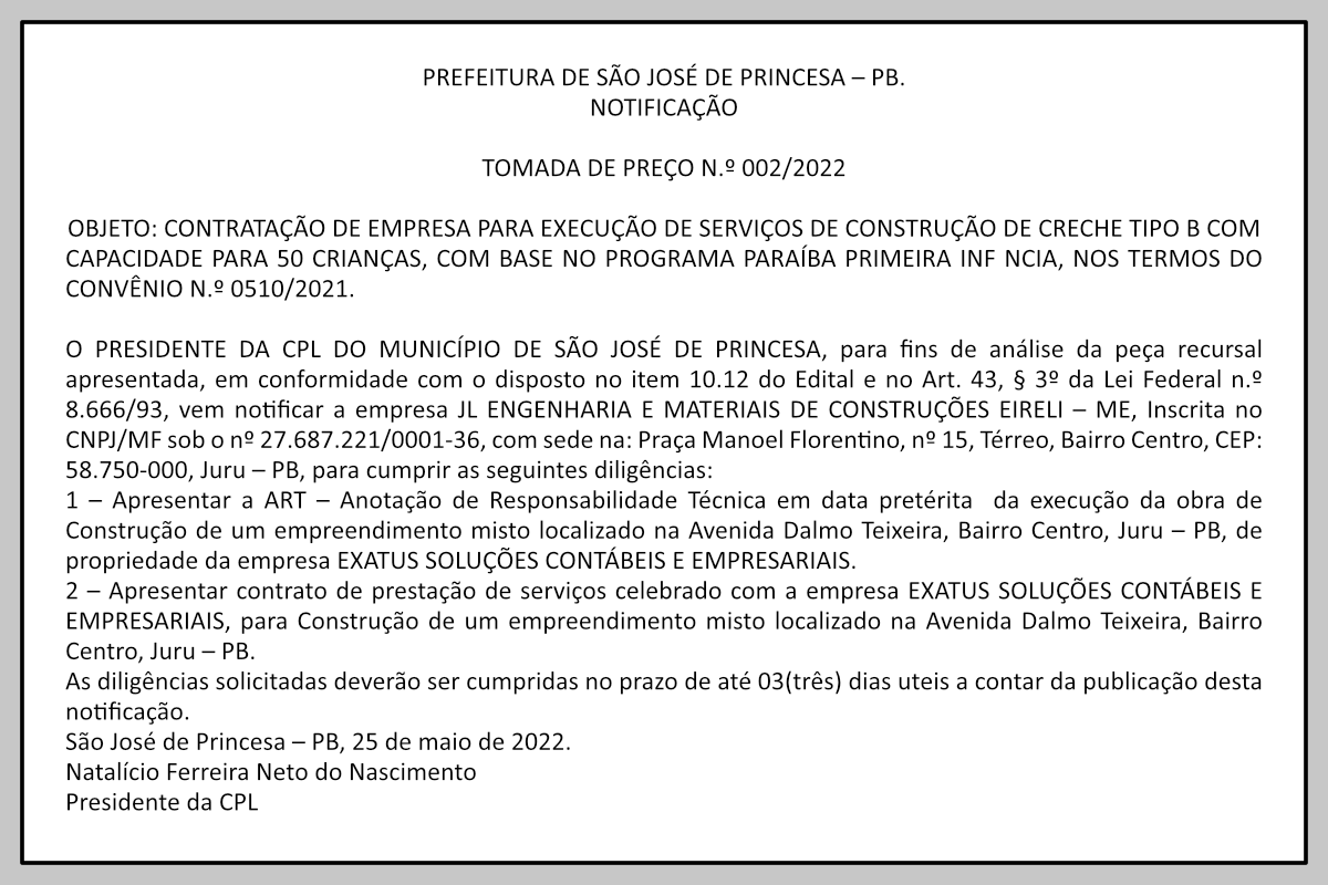 PREFEITURA DE SÃO JOSÉ DE PRINCESA – PB – NOTIFICAÇÃO – TOMADA DE PREÇO N.º 002/2022